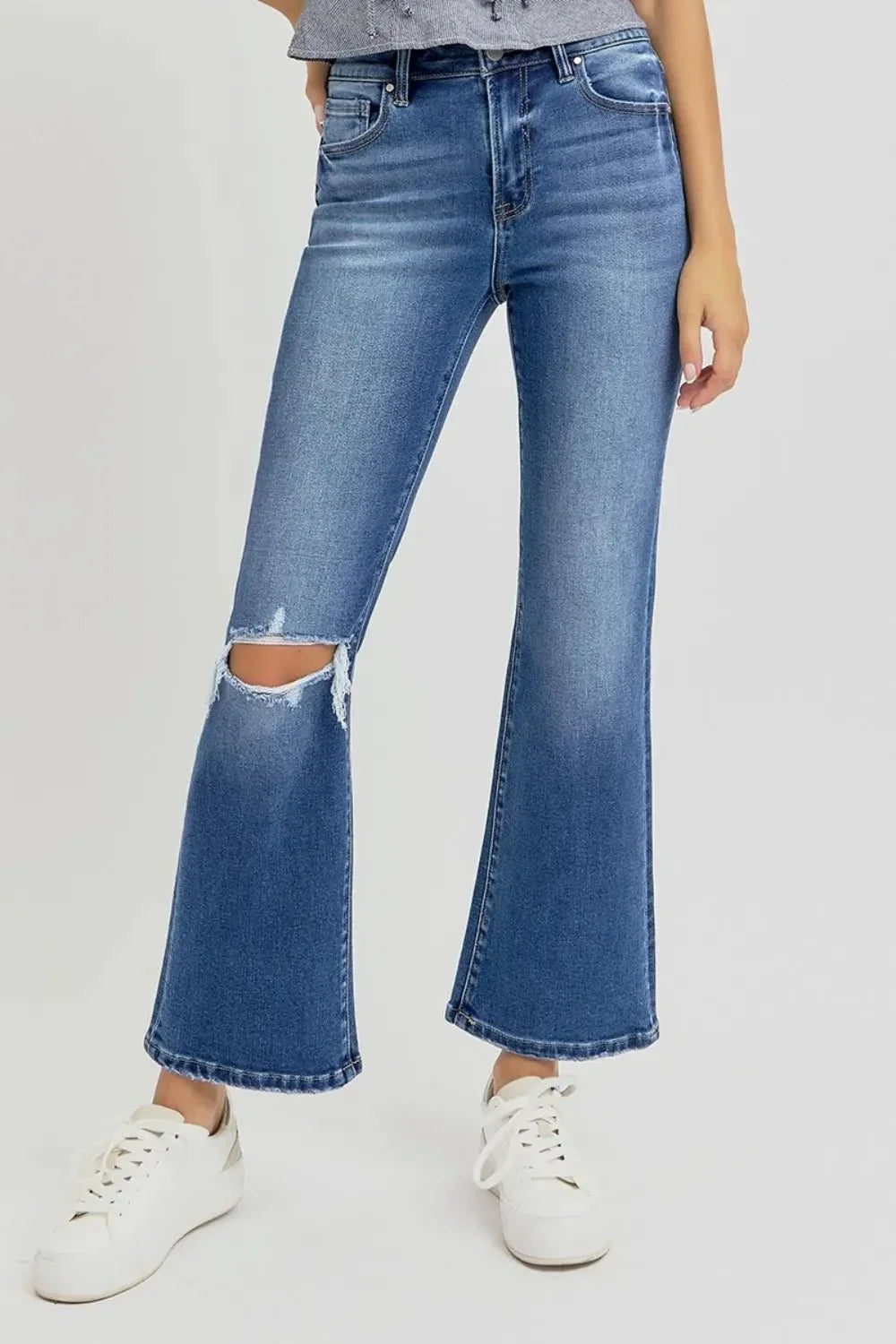 RISEN Full Size Distressed High Rise Crop Flare Jeans - VILLA FASHION